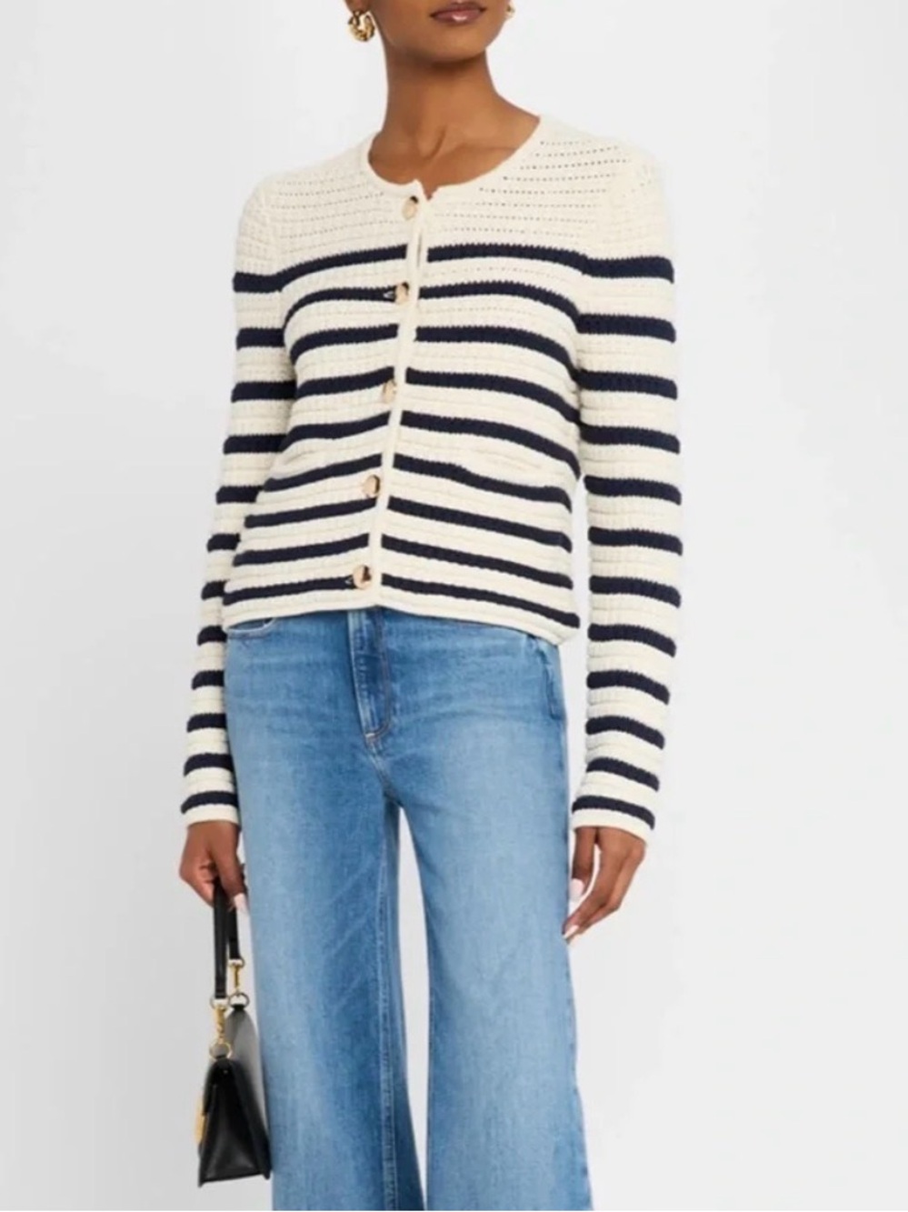 PAIGE Oberon Ivory Navy Striped Textured Knit Gold Button Cardigan S
